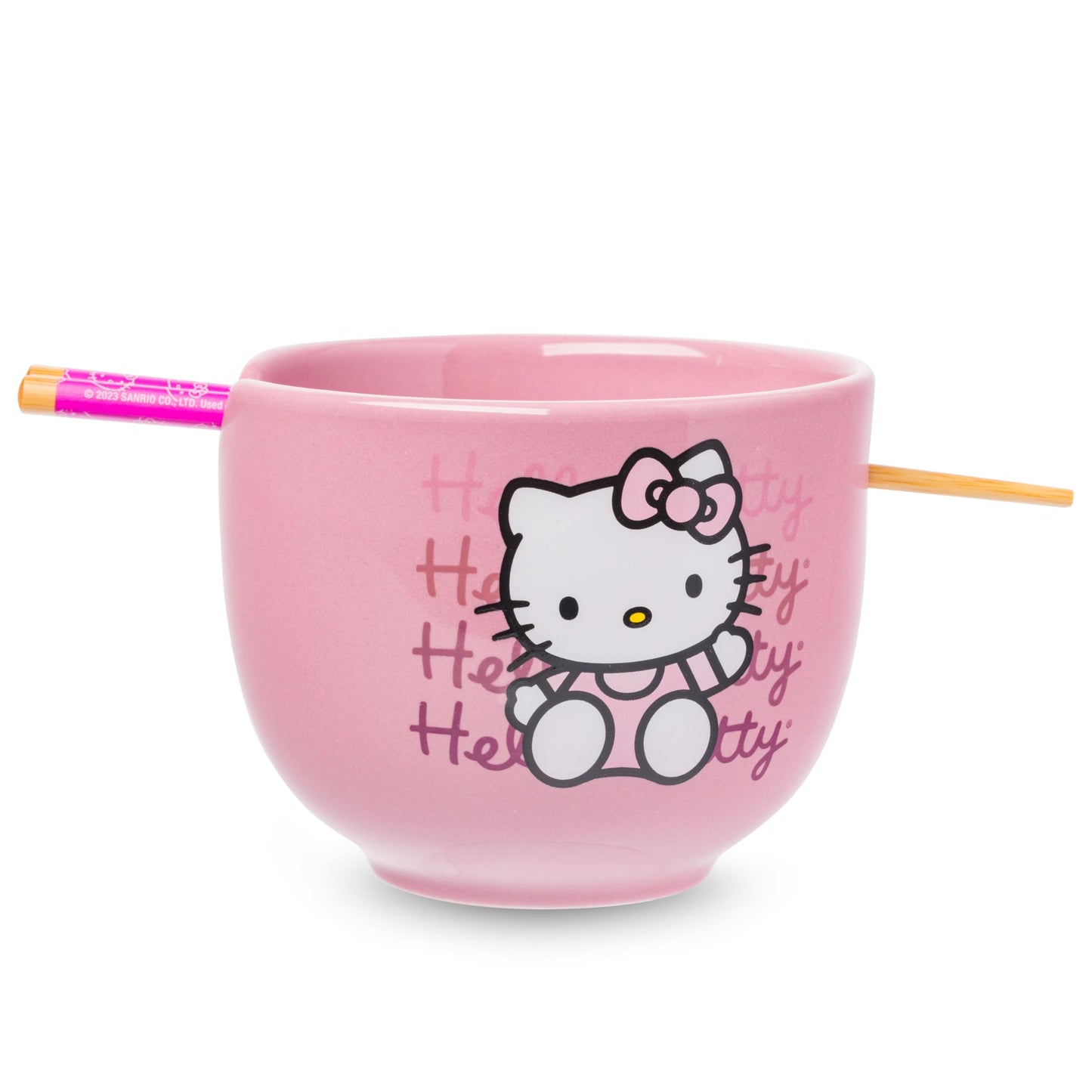 Silver Buffalo Sanrio Hello Kitty Waving Pink Ceramic Ramen Noodle Rice Bowl with Chopsticks, Microwave Safe, 20 Ounces,
