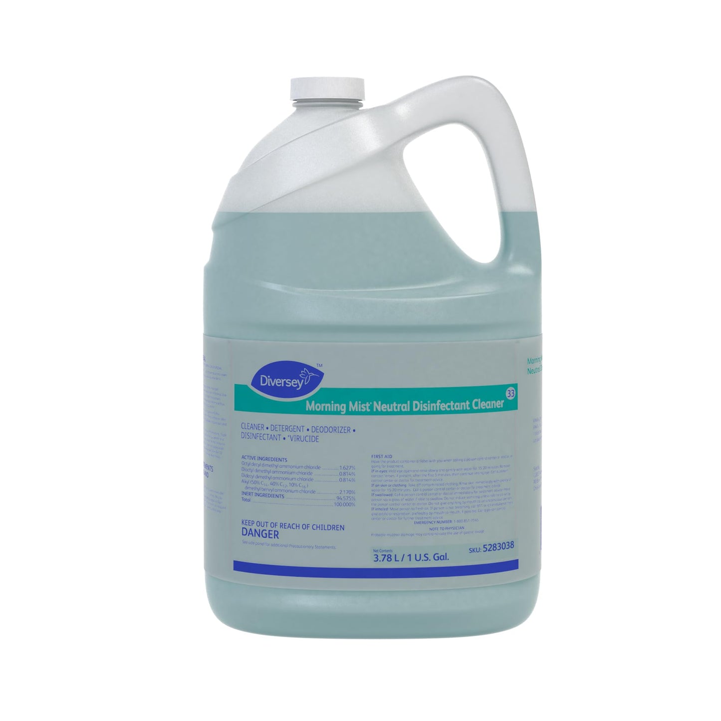 Diversey 5283038 Morning Mist Neutral Disinfectant Cleaner, Neutral pH Multi Surface Cleaner, Liquid Concentrate, Fresh Scent, 1-Gallon