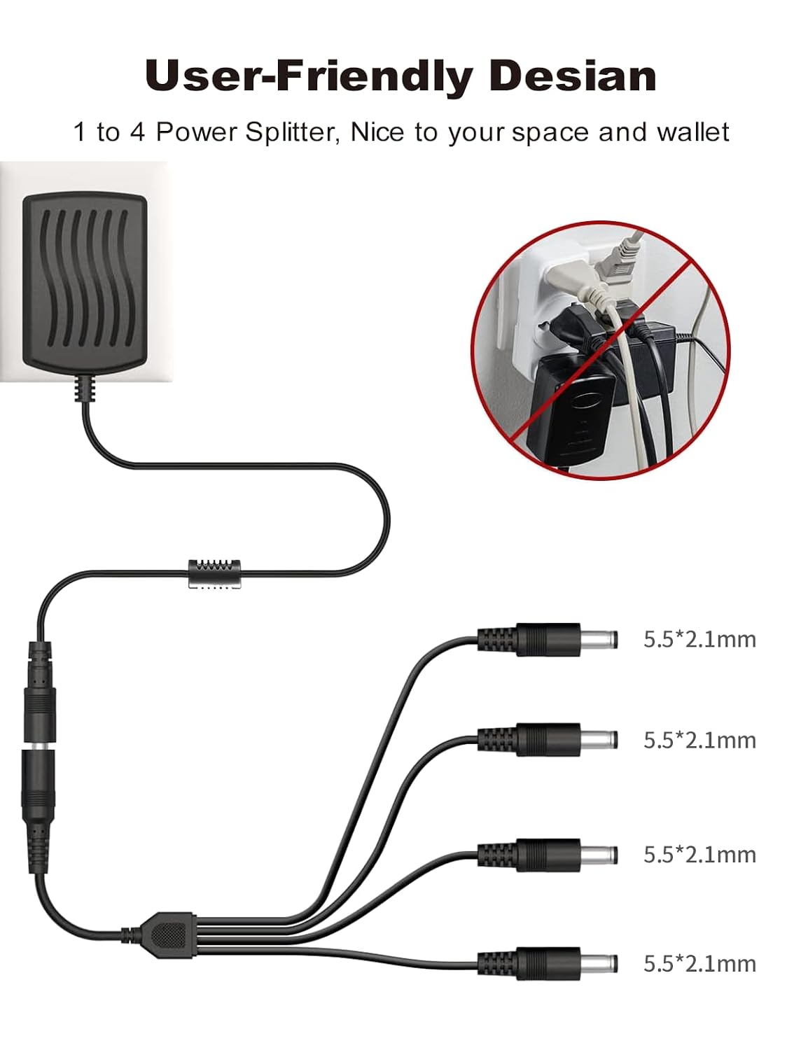 LONNKY 12V 2A 1 4 DC Security Camera Power Adapter Combine with to Power Splitter for CCTV Security Camera System