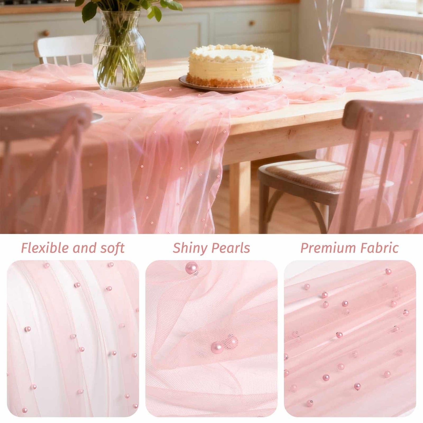 WELTRXE Pearl Table Runner 30x120 Inch 10FT Long, Pink Gauze Table Runners, Rustic Boho for Wedding Arch Birthday Party Bridal Veil Baby Shower Decorations