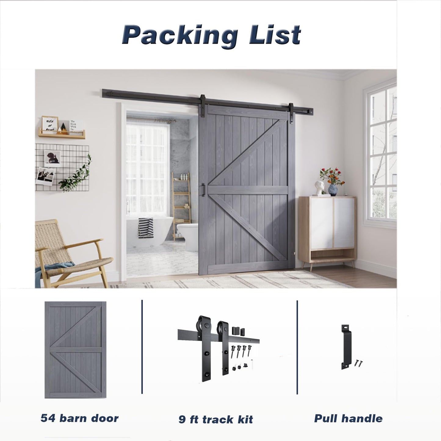 FREDBECK 54in x 84in Gray Wood Barn Door Slab with 9ft (108inch) Barn Door Hardware Track Kit Included, Double Surfaces,Simple Assembly is Required,K-Frame,Grey