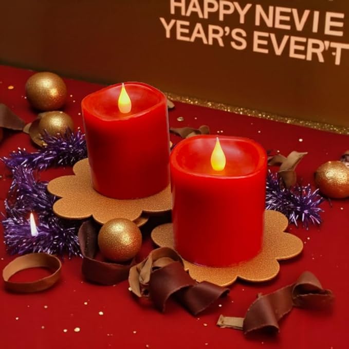 Red Flameless LED Candles 3 inch Diameter Real Wax 2AA Battery Operated 600hr+ Flickering Candles with Timer Remote Control for Halloween Thanksgiving Christmas Wedding Indoor (Red, 3″×3″- 2 PCS)