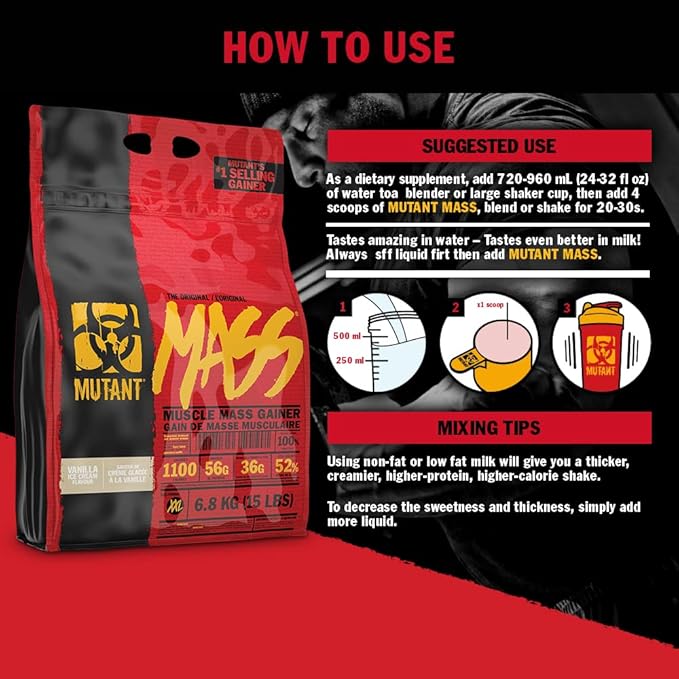 Mutant Mass Weight Gainer Protein Powder ??Build Muscle Size and Strength with 1100 Calories ??56 g Protein ??26.1 g EAAs ??12.2 g of BCAAs ??15 lbs with 24 Servings ??Cookies & Cream
