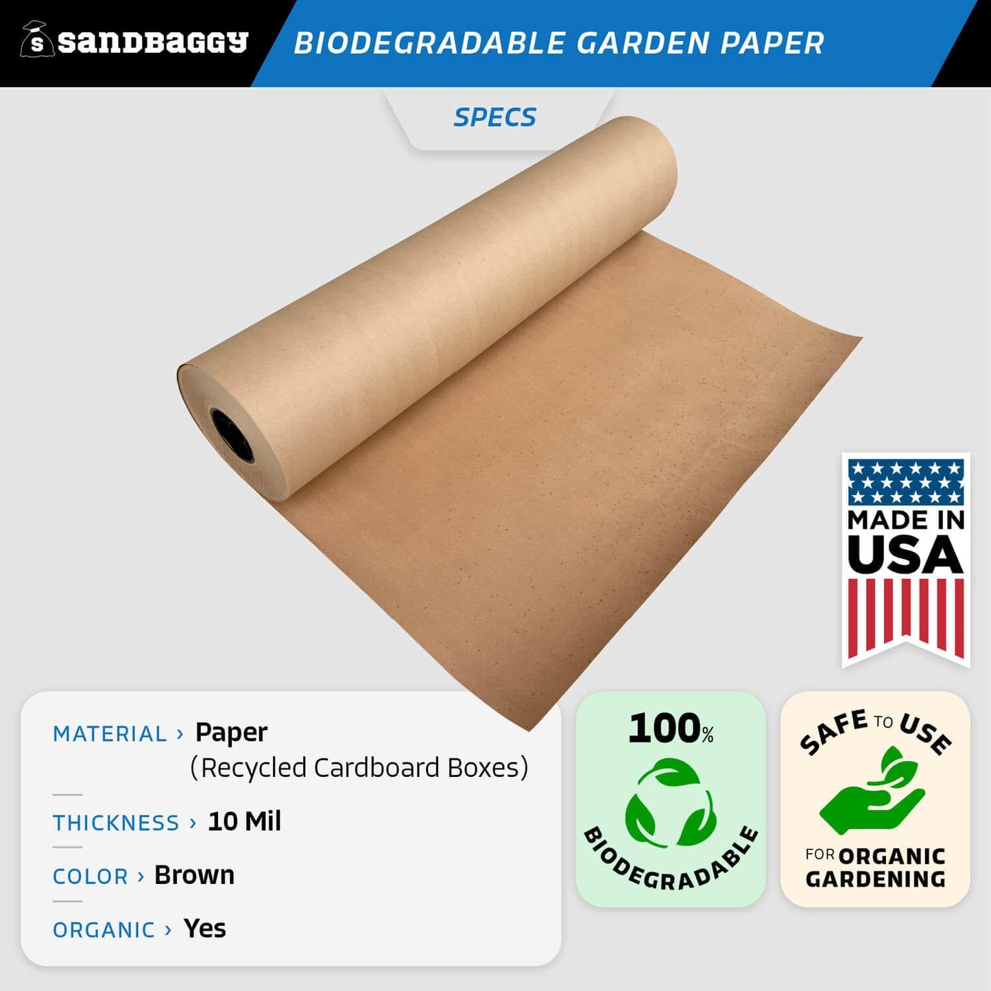 Sandbaggy Biodegradable Landscape Fabric - Garden Paper for Weeds - Paper Mulch Rolls - Made in America (3 ft x 475 ft, 1)