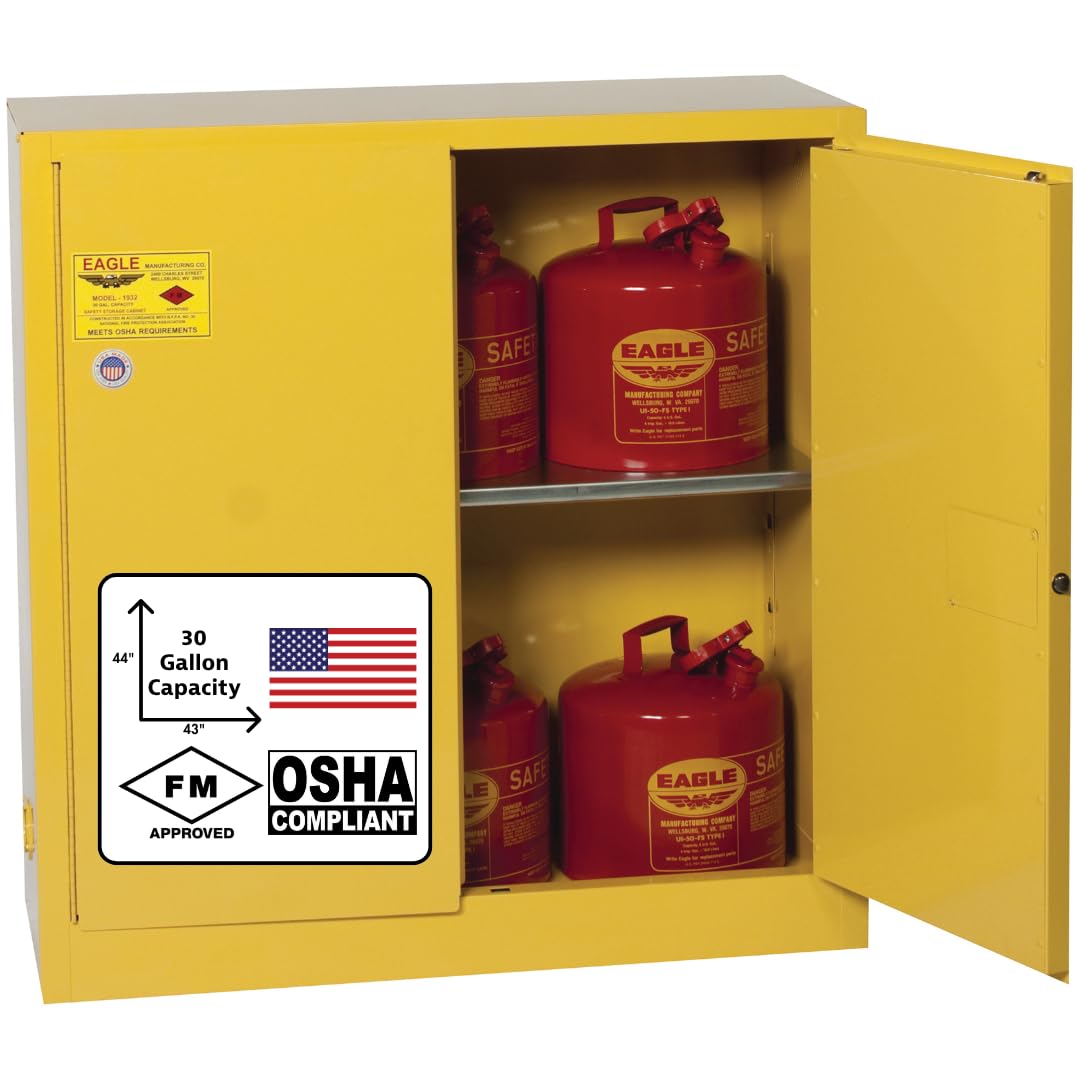 Eagle American Made 30 Gallon F﻿lammable Liquid Storage Cabinet, Manual-Close Fireproof Cabinet for Schools, Garages, Manufacturing Facilities, 43" x 18" x 44", 1932X