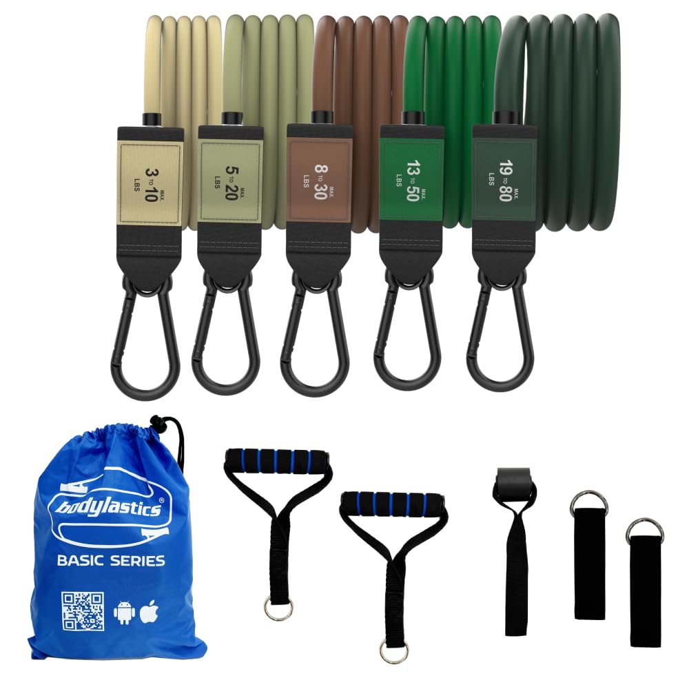 Bodylastics Basic Series Resistance Band Set- 5 Resistance Bands (46 Inch Each vs Pro 54 Inch), Handles, Ankle Straps, Door Anchor, Carry Bag and Snap Reduction Tech (3-190 Lbs Set Green)