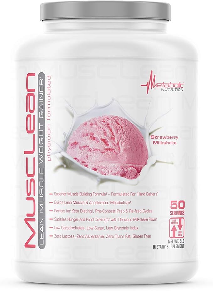 Metabolic Nutrition - Musclean - Milkshake, Whey High Protein Meal Replacement, Maintenance Nutrition, Low Carb, Keto Diet, Digestive Enzymes, Strawberry, 5 Pound (50 ser)
