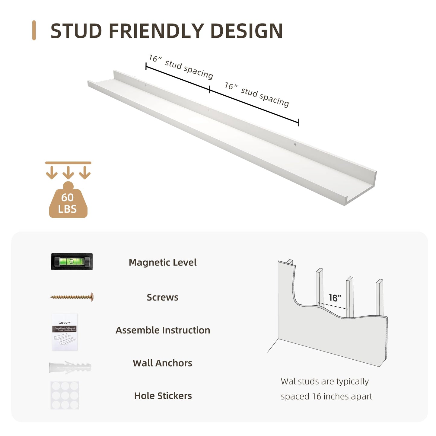 Acovy Picture Ledge Shelf, Wood Long Floating Shelves for Wall, Set of 2, 48 inch Picture Ledge Shelves, Photo Ledge Nursery Book Shelves Wall Mounted for Living Room Kids' Room Bedroom, Color White