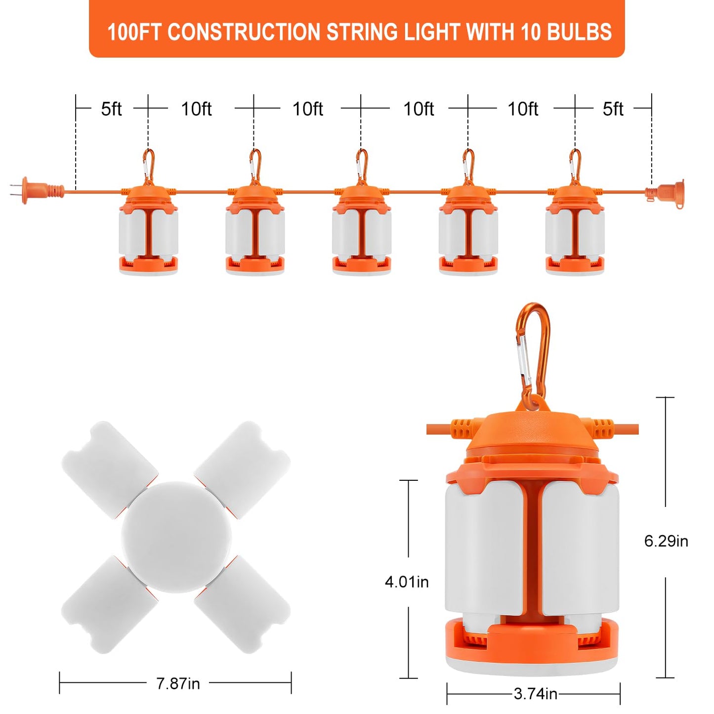 100ft Construction String Lights, 300W LED Industrial Grade 30000LM Super Bright Work String Lights for Construction Sites, Temporary Work, Job site, Indoor and Outdoor Lighting (100ft)
