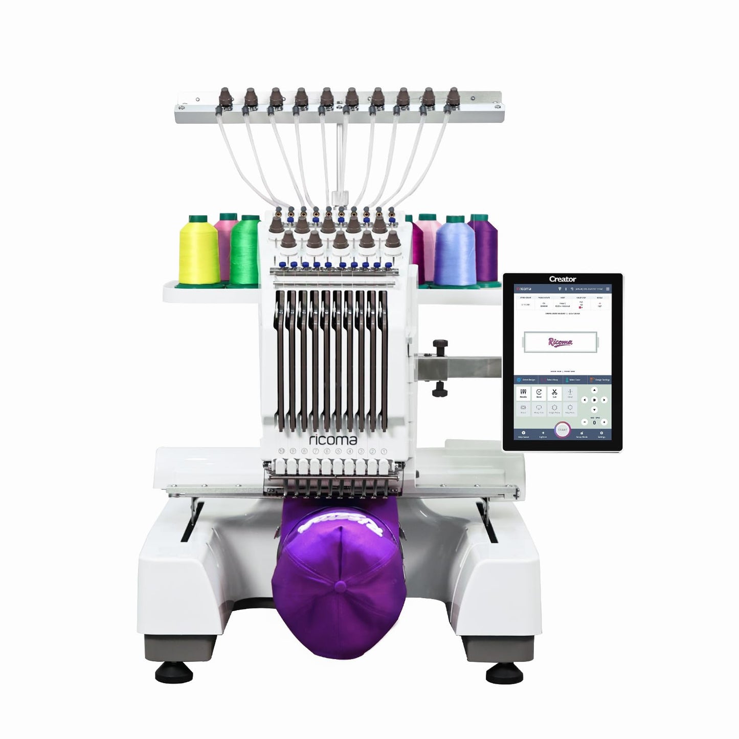 Ricoma EM-1010 Commercial Embroidery Machine for Small Business, 10-Needle, 10.1" Touchscreen, Automatic thread trimmer, 3D Cap/Flat/T-Shirt/Fabric Embroidery, Not Including Steel Stand