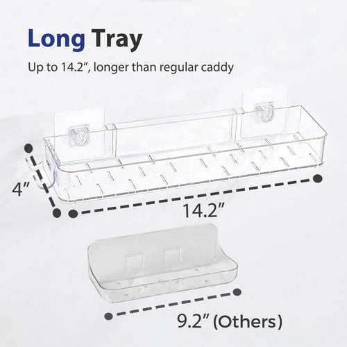 CQUNM 2 Pack Acrylic Shower Shelves, Clear Bathroom Tray with Hooks, Adhesive Wall Mount Shower Caddy Organizer for Bathroom Kitchen Storage