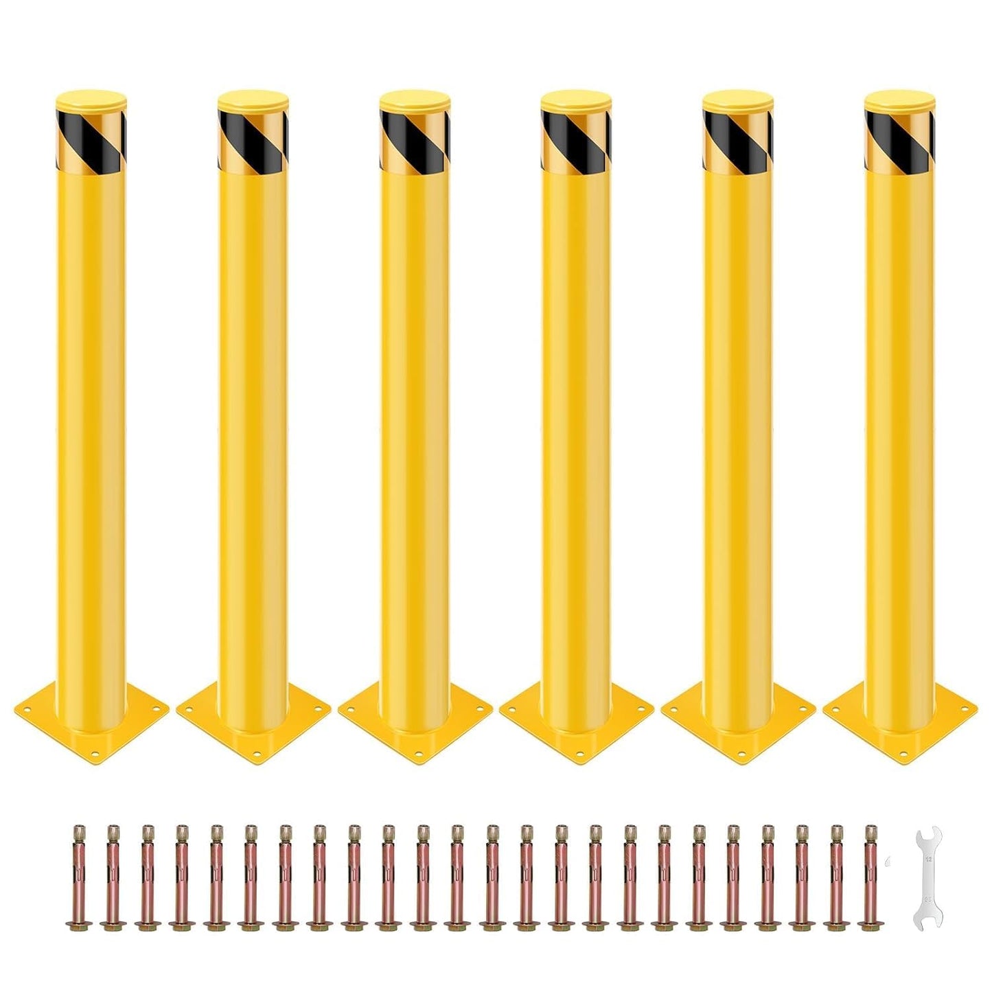 Safety Bollard 6 Packs, EliteEdge 48 Inch Height Bollard Post, 4.5 Inch Diameter Steel Pipe Safety Bollard Post, 8 Anchor Bolts, for Traffic Control, Driveway Barrier, Parking Pole