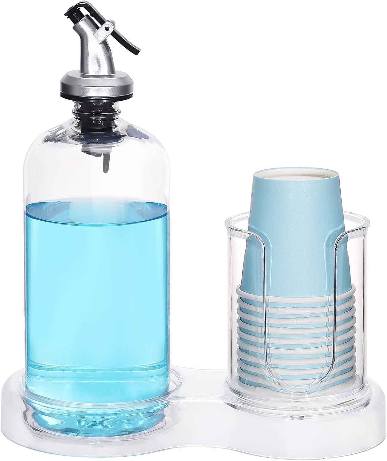 Tbestmax Mouthwash Dispenser - Clear Refillable Pump Bottle with Cup Holder & Tray | 16oz Bathroom Organizer
