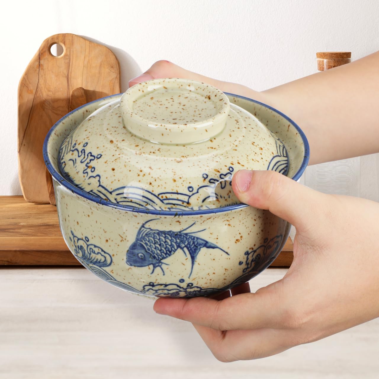 CALLARON 26 oz Ceramic Ramen Bowl, Japanese Noodle Bowls Set of 2, Large Soup Bowl with Lid, Spoons and Chopsticks, Vintage Ramen Dish for Pho, Udon, Noodles, 6 inch, Microwave Dishwasher Safe