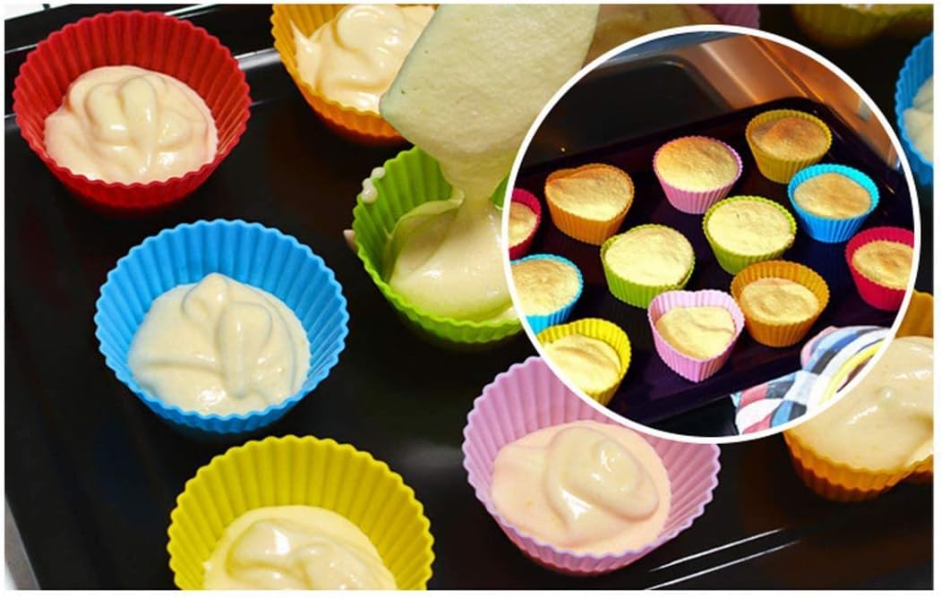 Skiennix Reusable Silicone Cupcake Baking Cups - 24 Pack, Non-Stick Muffin Liners in 6 Rainbow Colors