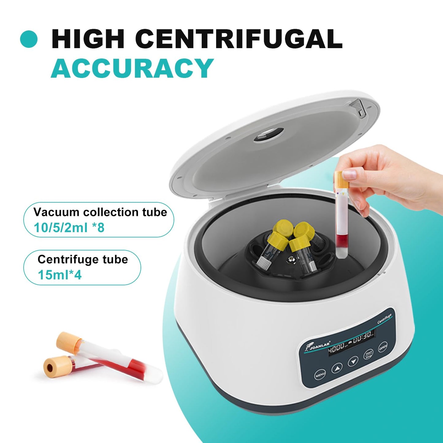 JOANLAB Lab Centrifuge Machine LC400 2ml/5ml/10ml x 8, 15ml x 4 Low Speed 500-4000rpm,1717xg RCF Digital Benchtop Centrifuges w/Timer