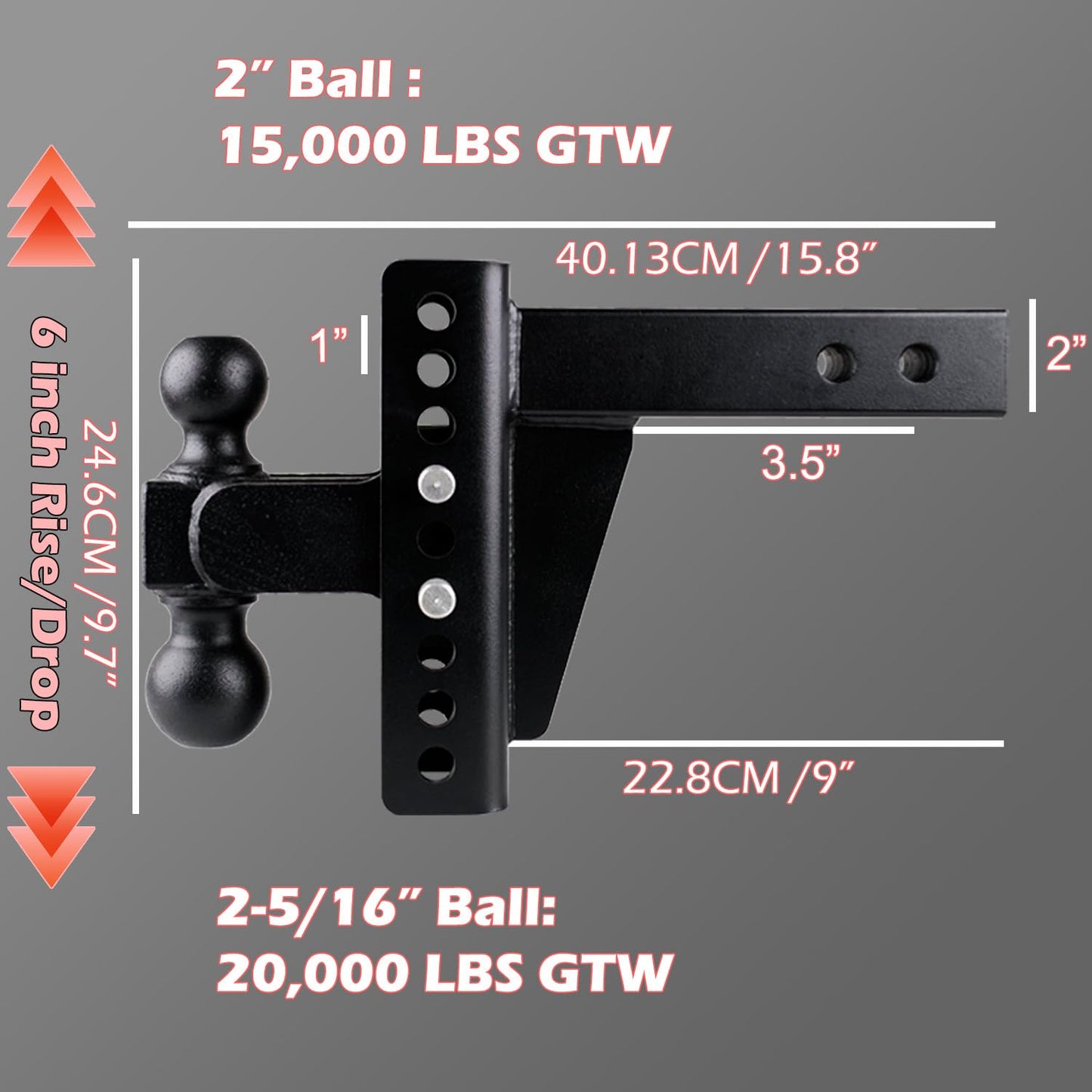 Adjustable Drop Hitch for 2 Inch Receiver, Heavy Duty Towing Hitch with 2" & 2-5/16" Dual Balls, 6" Drop/Rise Ball Mount, 20,000 LBS Max Capacity, Anti Corrosion Powder Coated Finish Matte Black