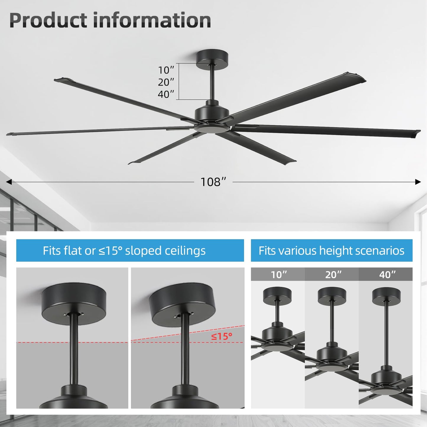 YYEHON 108 Inch Large Industrial Ceiling Fans, HVLS Commercial Black Fan with DC Reversible Motor, 6 Reversible Blades, 3 Downrods, 6-Speed Remote Control, for Shop Gym Garage Warehouse
