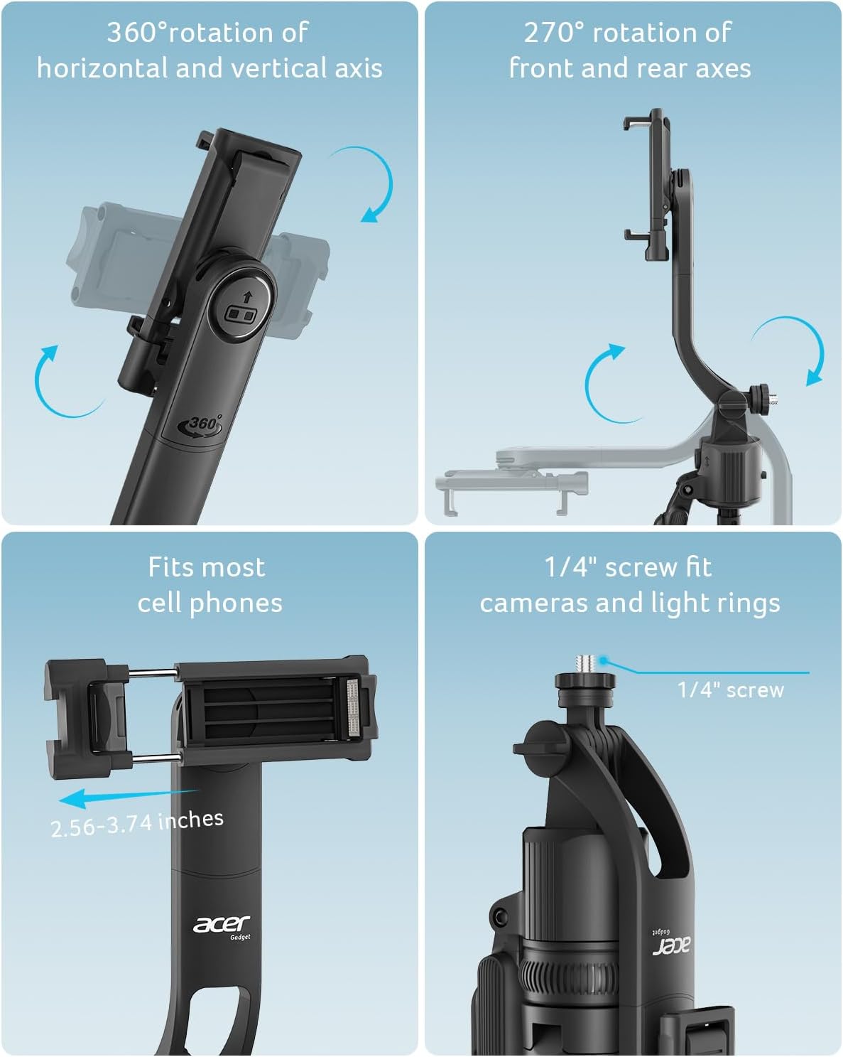 Acer 64", 360Rotating Gadget Auto Face Tracking Tripod for iPhone/Cell Phone/Android/Camera with Light and Remote, No