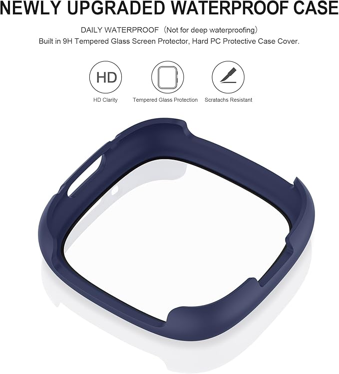 Vancle Case for Fitbit Versa 4 / Fitbit Sense 2, 4-Pack Screen Protector Tempered Glass Full Around Hard PC Case with Sensitive Touch Film Protective for Fitbit Sense 2 / Versa 4(Black + Transparent + Navy Blue + Silver)