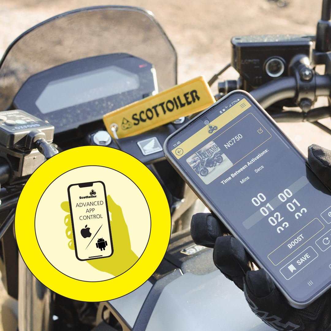 Scottoiler xSystem 3.0+ Electronic Automatic Motorcycle Chain Lubrication System with Bluetooth App Control, Biodegradable Green Scottoil & Traveller Expansion Bag Extra Range Bundle