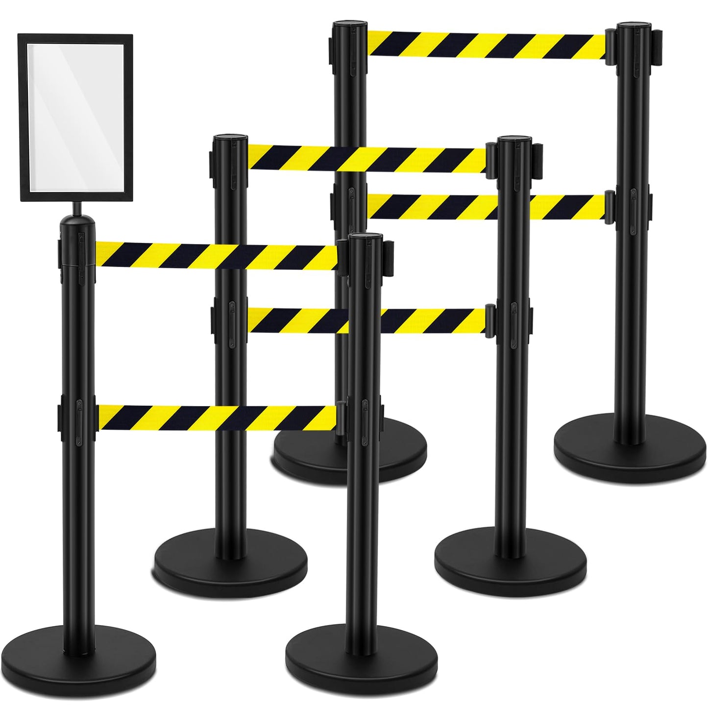 Therwen 6 Pcs Crowd Control Stanchions Set, Double Retractable Safety Belt, Heavy Duty Stainless Steel Crowd Control Barrier, Solid Metal Base, Easy Connect Assembly (9.8 ft,Black and Yellow)