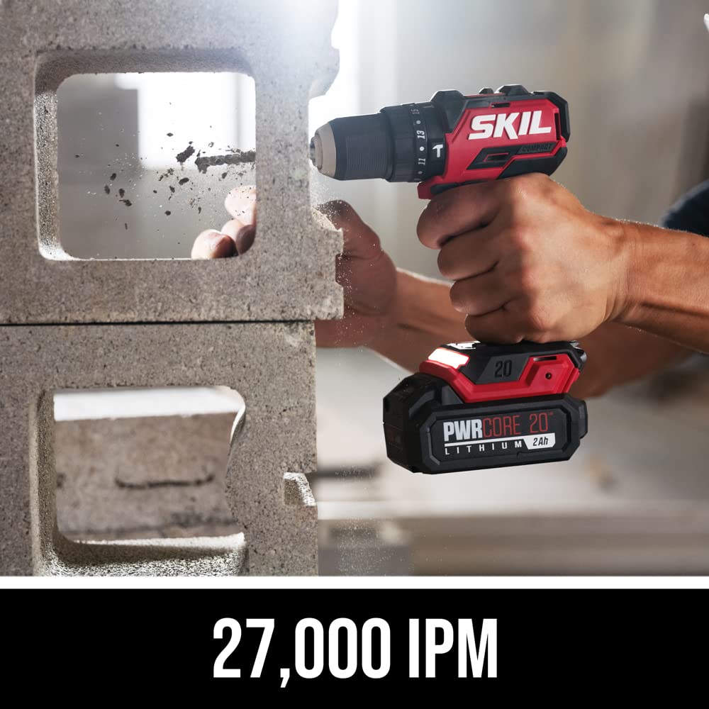 SKIL PWR CORE 20 Brushless 20V 1/2 in. Compact 3-in-1 Hammer Drill Kit with 1/2'' Single-Sleeve, Keyless Chuck & LED Worklight Includes 2.0Ah Battery and PWR Jump Charger - HD6294B-10