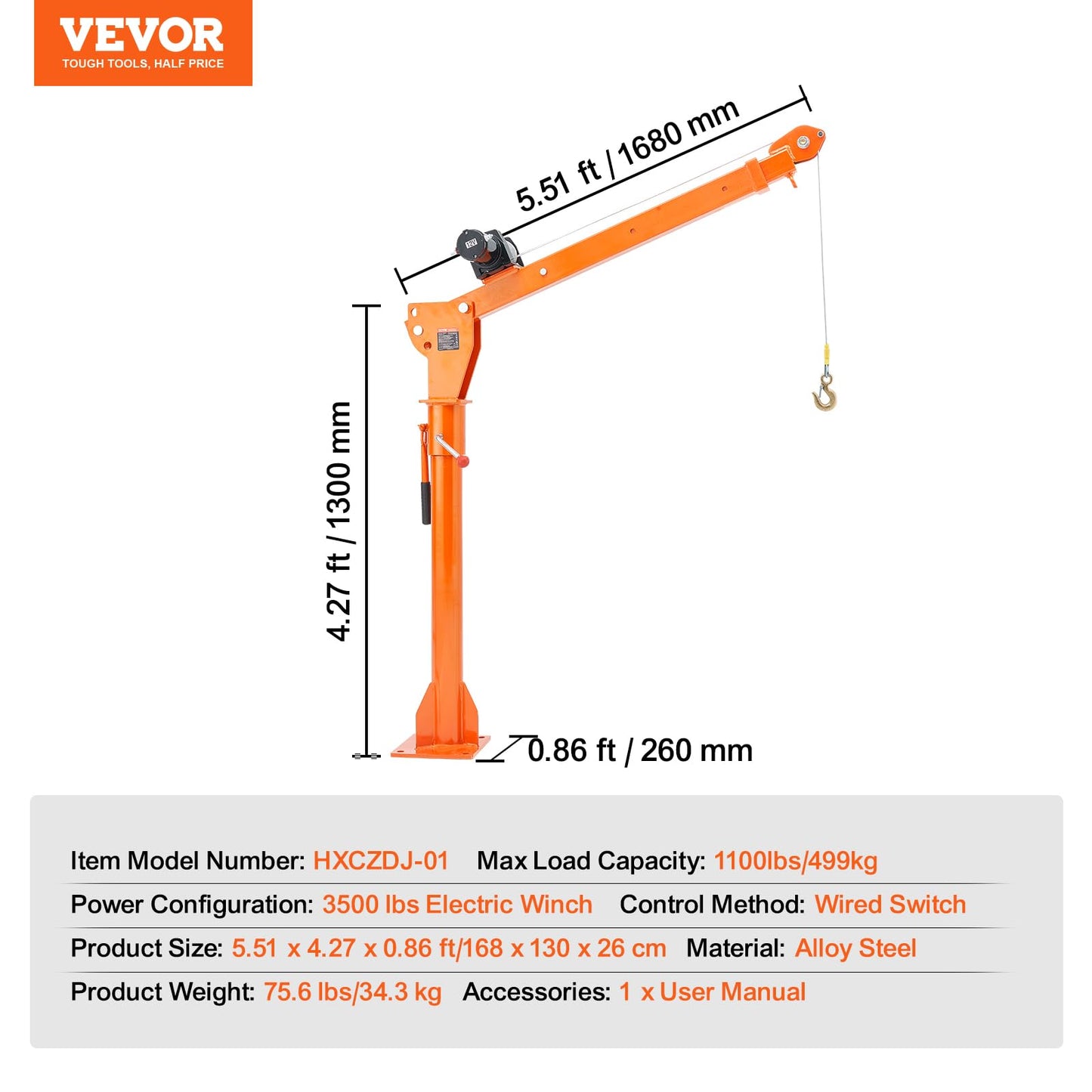 VEVOR Electric Pickup Truck Crane, 1100 lbs, Folding Truck-Mounted Bed Crane with Electric Winch 3500 lbs, 360° Swivel for Lifting Goods in Construction, Factory