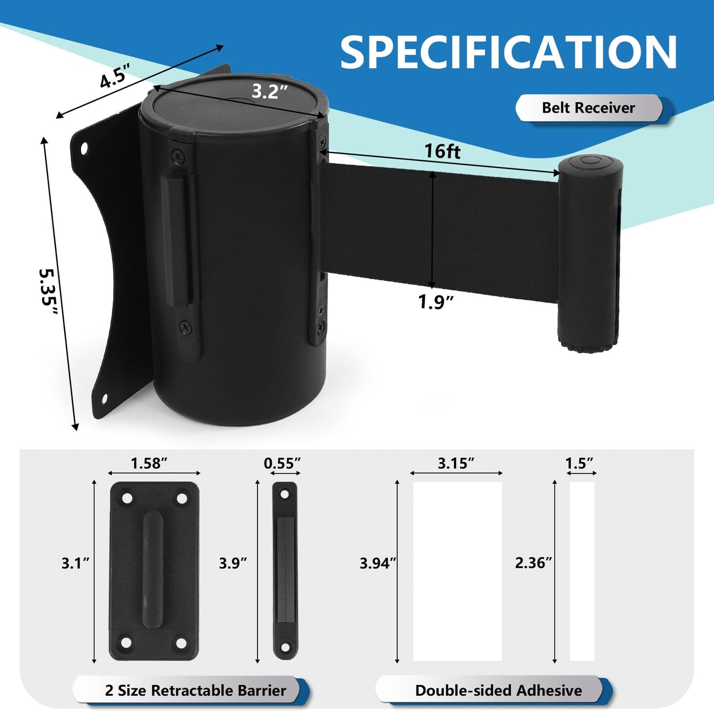 Wall Mount Retractable Belt Barrier 2 Pack, TrreZon Fixed Retractable Belt Barrier with Steel Case 16' Black Belt for Grocery, Restaurant, Retail Store, Office, Stadium, School