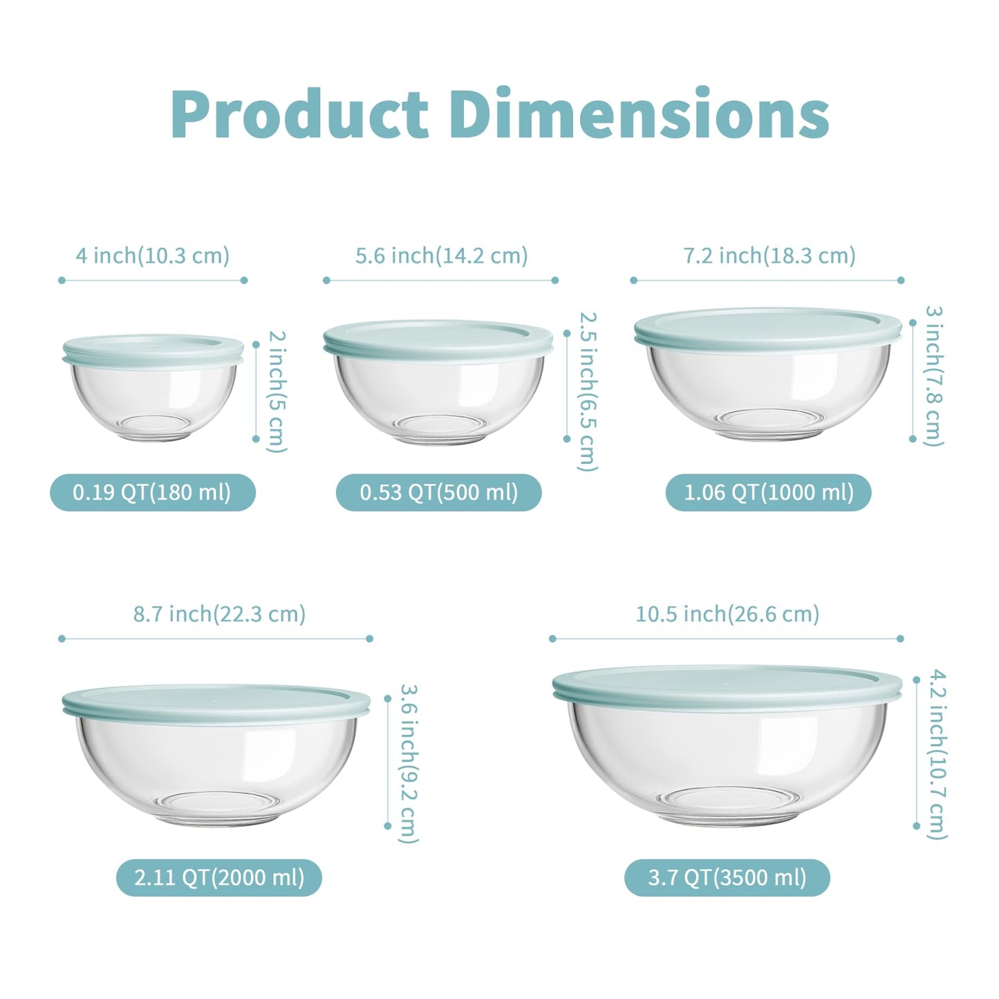 WhiteRhino Glass Mixing Bowl with Lids Set of 5, 0.2, 0.5, 1.1, 2.1, 3.75 QT, Large Salad Bowls with BPA-Free Lids, Space-Saving Nesting Bowls for Kitchen Food Storage, Glass bowl for Cooking, Baking