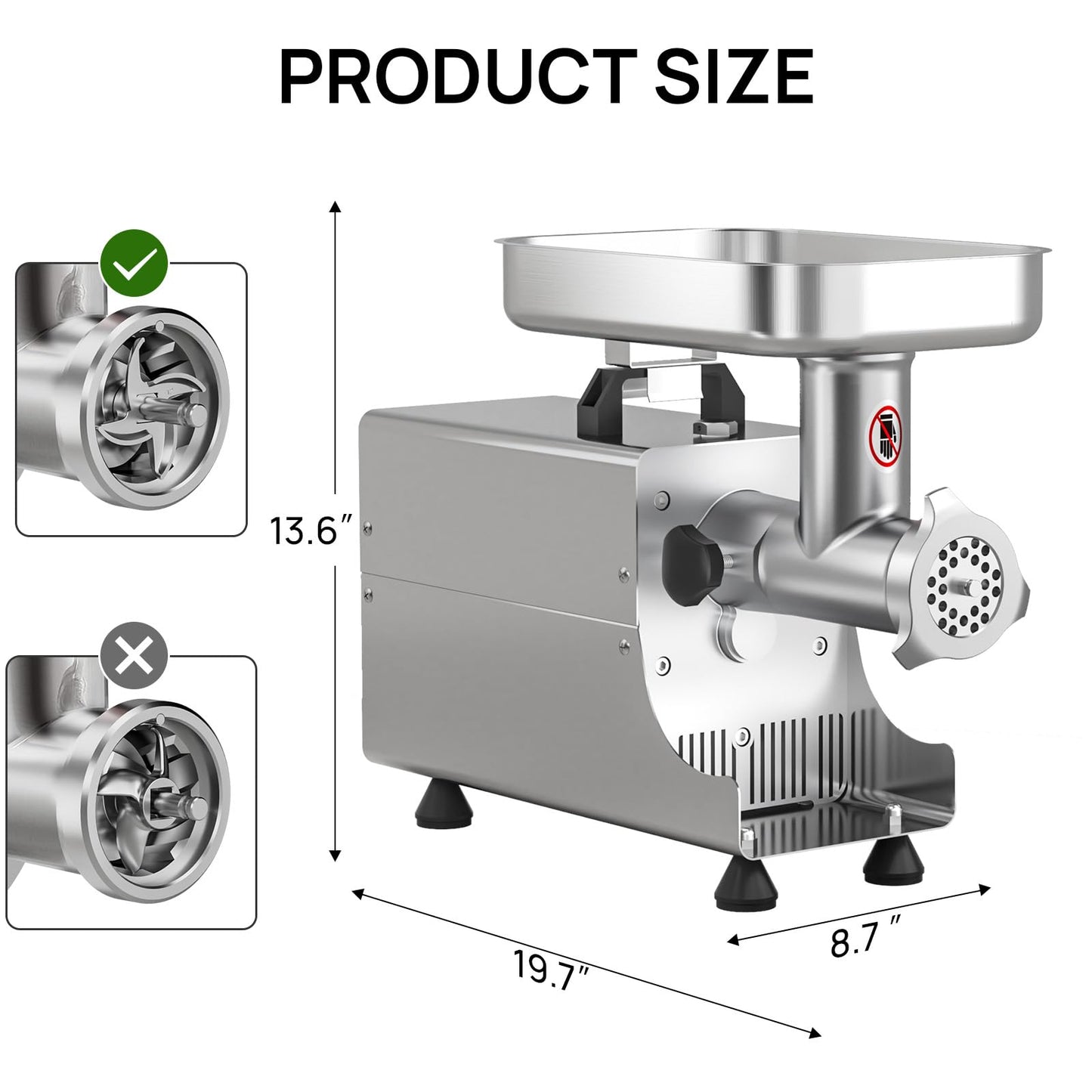 ARINOO Commercial Electric Meat Grinder #8, 0.6HP Heavy Duty Industrial Stainless Steel Meat Mincer with 2 Blades, 2 Plates & 3 Stuffing Tubes,Meat Grinder Machine for Home Kitchen & Restaurant Use