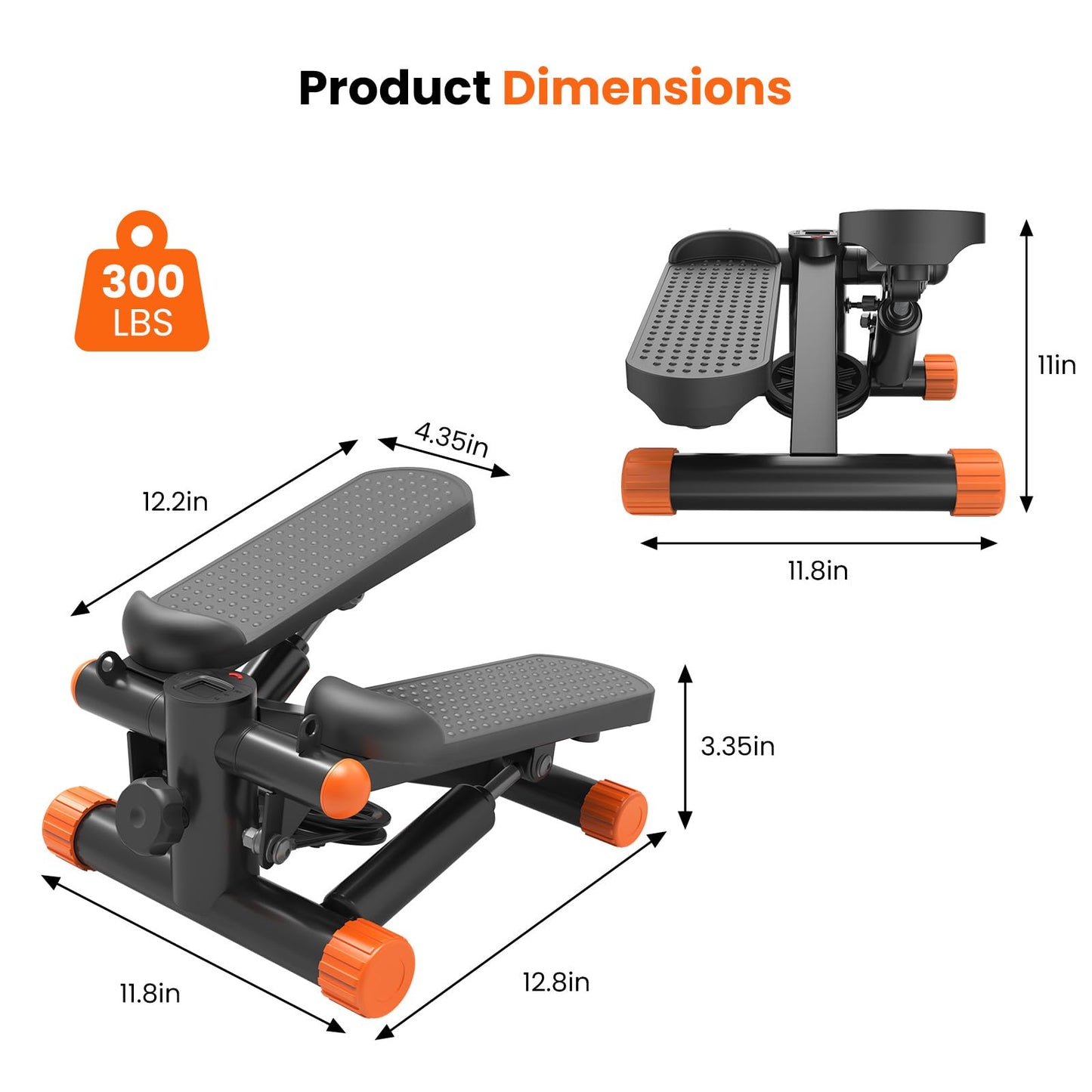 Sweetcrispy Mini Stair Stepper with Resistance Bands, Hydraulic Home Stepper Machine, 300 LBS Weight Capacity, Compact Cardio Equipment with LCD Monitor, No Assembly Required, Black&Orange