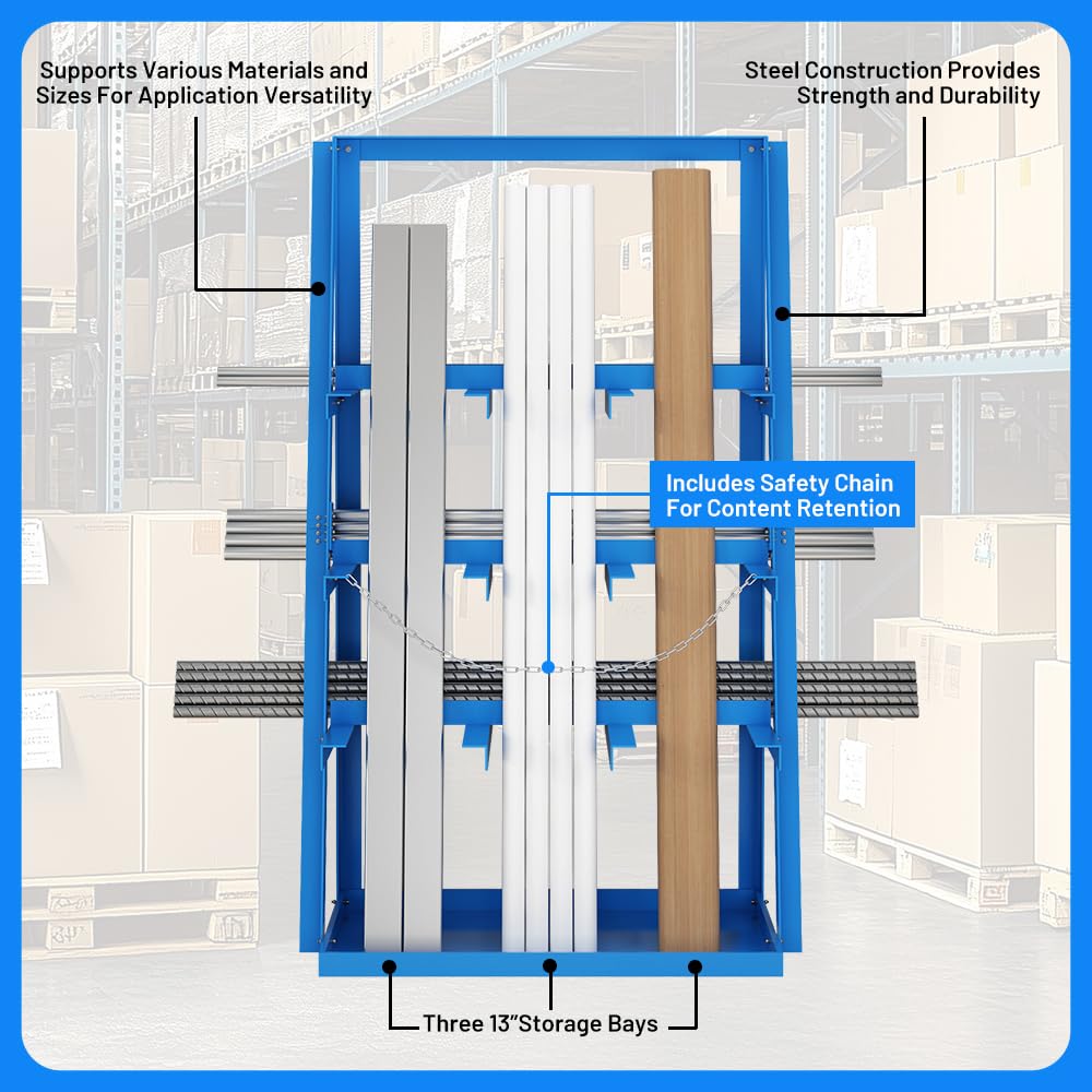 Yeeoy Vertical Bar Rack, 3000 LB Capacity, Heavy Duty Long Parts Storage Rack, Lumber Storage Rack with Safety Chain, Pipe Organizer Shelf for Garage Workshop Factory, Blue