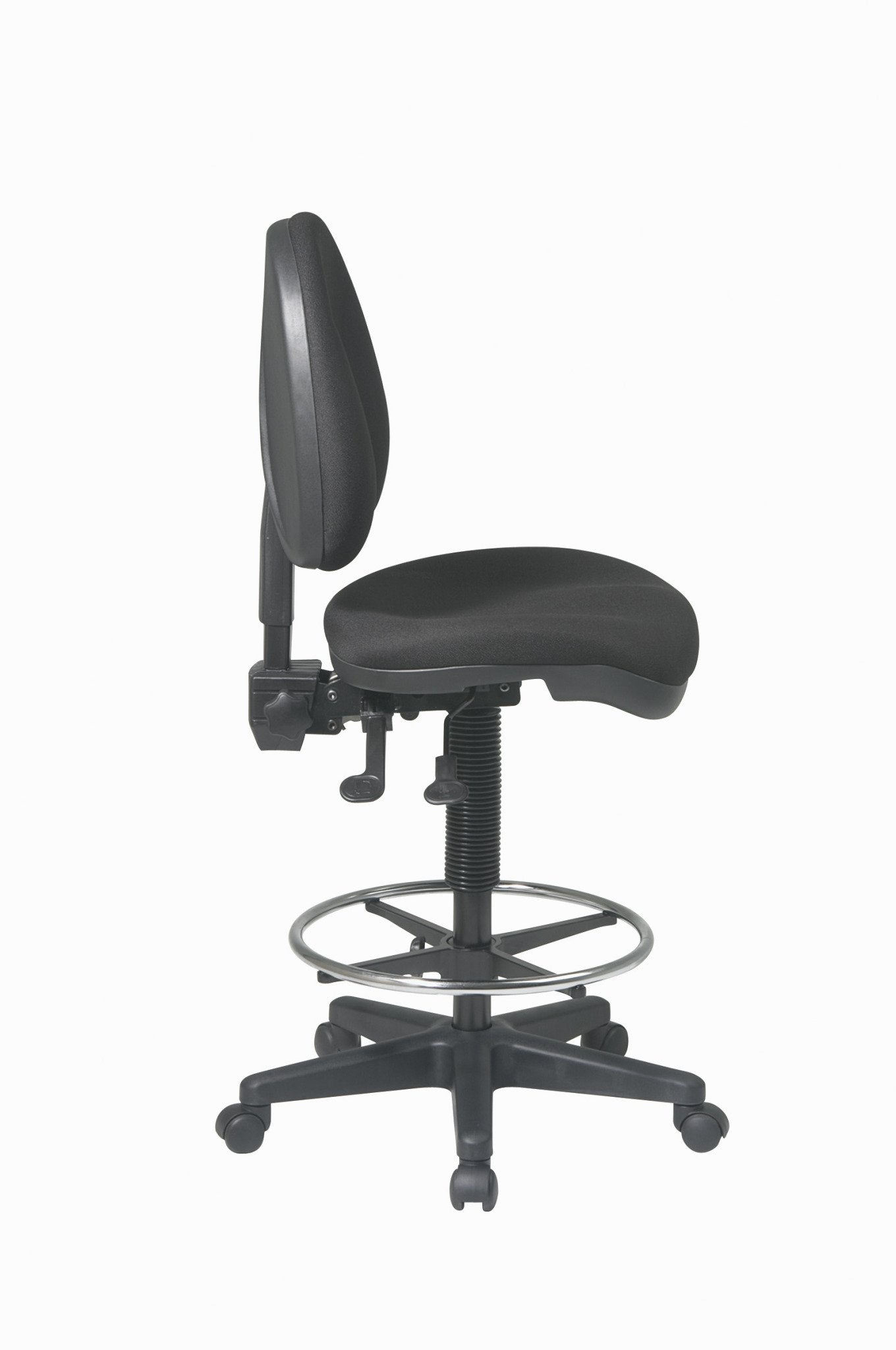 Office Star DC Series Deluxe Ergonomic Adjustable Padded Drafting Chair with 18.5 Inch Chromed Footring and Dual Wheel Carpet Casters, Icon Black Fabric