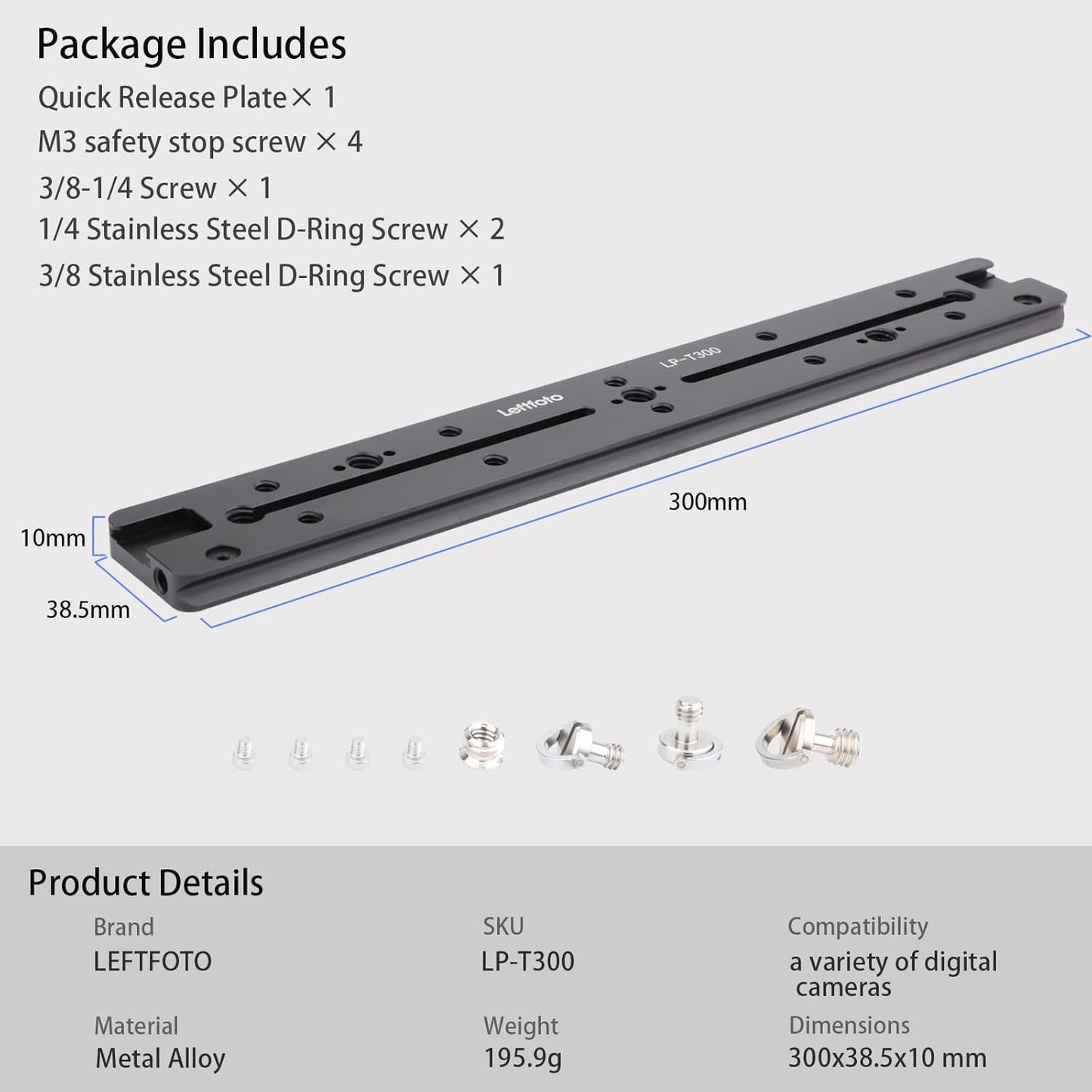 Leftfoto 300mm 1/4" 3/8" Dovetail Slide Rail,Arca Swiss Type Quick Release Plate with Locating Hole for ARRI,with More