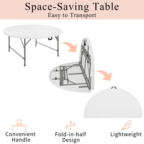 JALANCY 4 FT Round Folding Tables with Carrying Handle Lightweight Portable Plastic Commercial Table Steel Legs for Party, Dining, Wedding, Events, Picnic Indoor, Outdoor (White,1 Pack)
