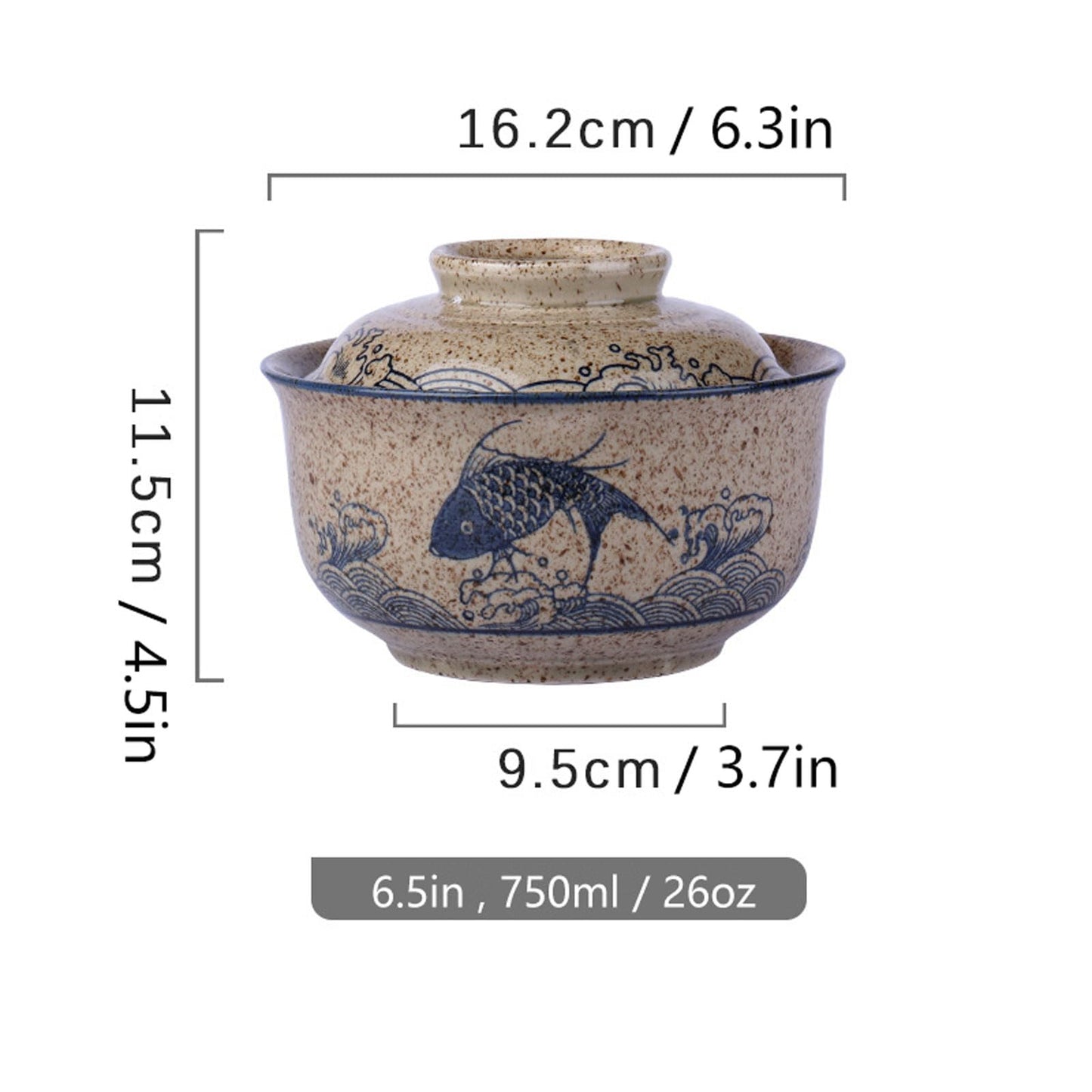Ceraozmus Ceramic Ramen Bowl Set, 800ml, with Lid, Spoon and Chopsticks, Japanese Vintage Large Soup Bowls Instant Noodle Bowl Asian Tableware (Fish*1)