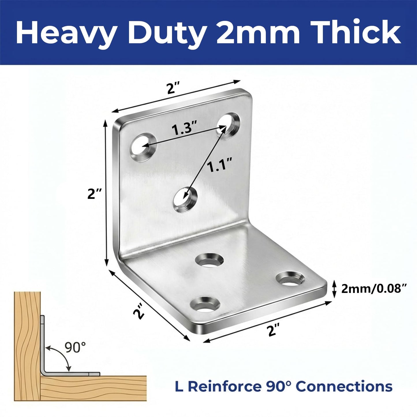 20 Pack Heavy Duty L Angle Brackets, Stainless Steel 2"x2"x2" 90 Degree Framing Brackets, Construction Building Metal Brackets for Wood Fence, Furniture and Outdoor Structures with 120pcs Screws