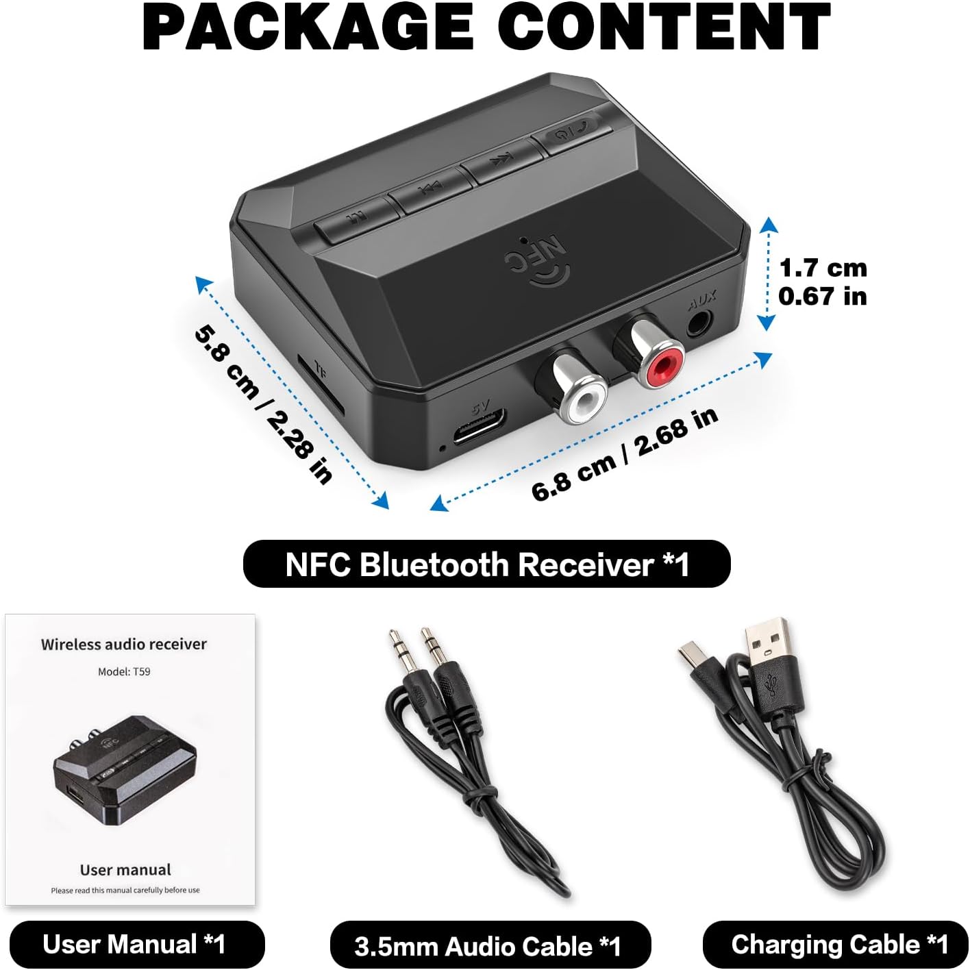 BAISHUN RCA/3.5mm 5.3, Bluetooth Receiver, NFC-Enabled AUX USB Drive/TF Card Outputs, Wireless Audio Adapter