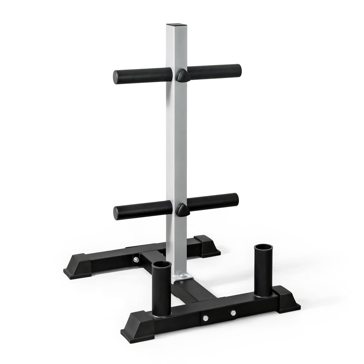 CAP Barbell Olympic Bumper Plate Tree Rack with 4 Weight Plate Posts and 2 Barbell Storage Holders – Heavy-Duty Steel Gym Organizer for Olympic Plates and Bars - Gray