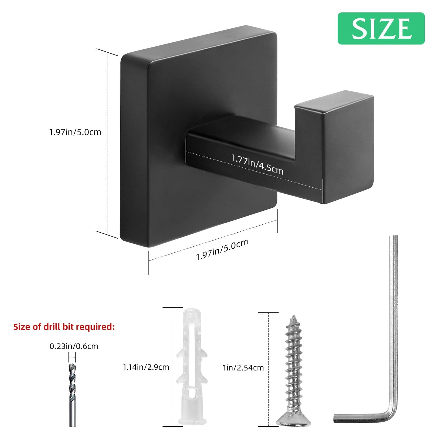 Fenas Heavy Duty Stainless Steel Towel Hooks, Wall Mounted Square Robe Hooks for Bathroom, Kitchen, Bedroom, Hotel Matte Black 2 Pack
