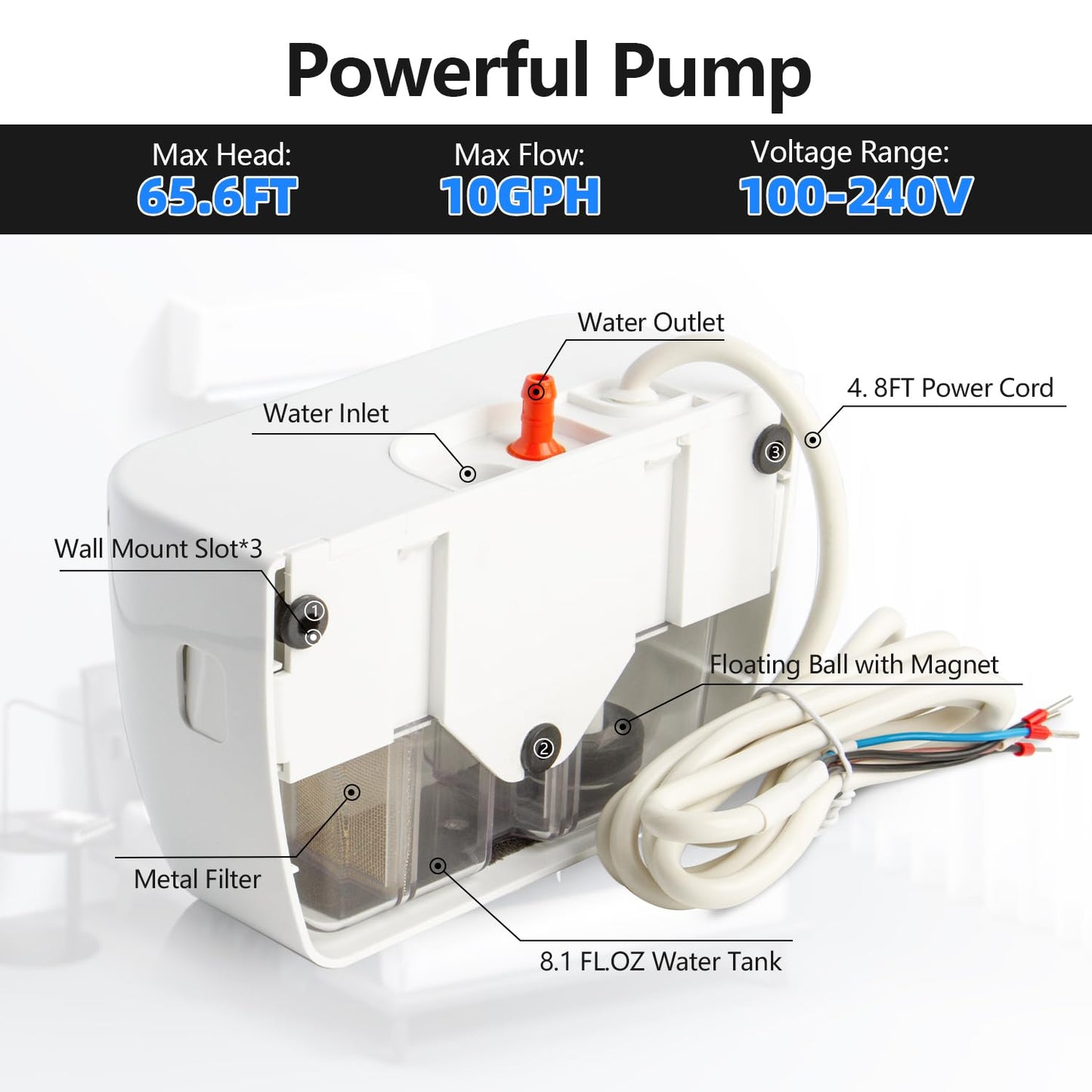 Wisewater 100-240V 65.6FT 10GPH Slient Mini Split Condensate Pump 19dB Low Noise Automatic Condensate Removal Pump with Safety Switch for HVAC Split AC HVAC Portable Air Conditioner Dehumidifiers