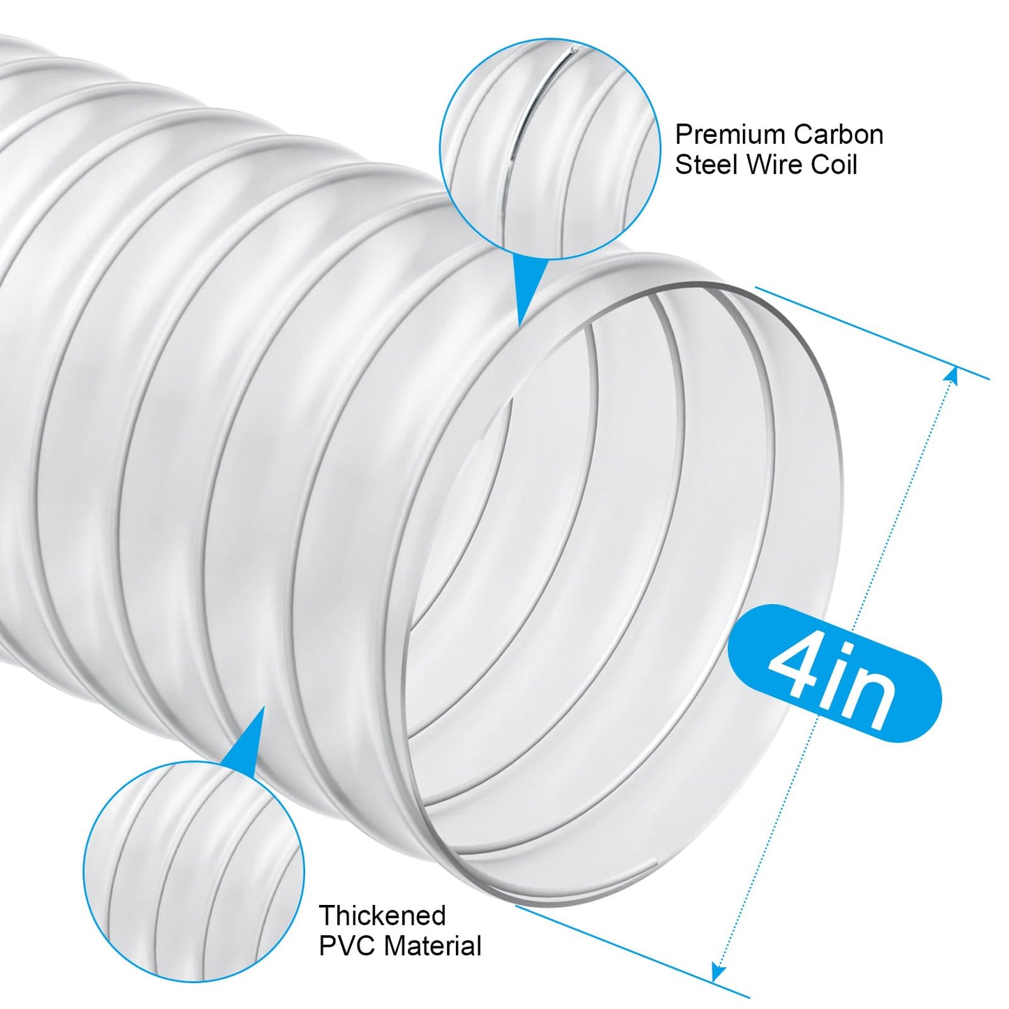 Elecoman 4" x 50' Heavy PVC Dust Collection Hose,Flexible Clear Debris and Fume Collection Hose with Stainless Steel Hose Clamps for Dust Collectors with 4" Ports, Ideal for Shop Vacuums