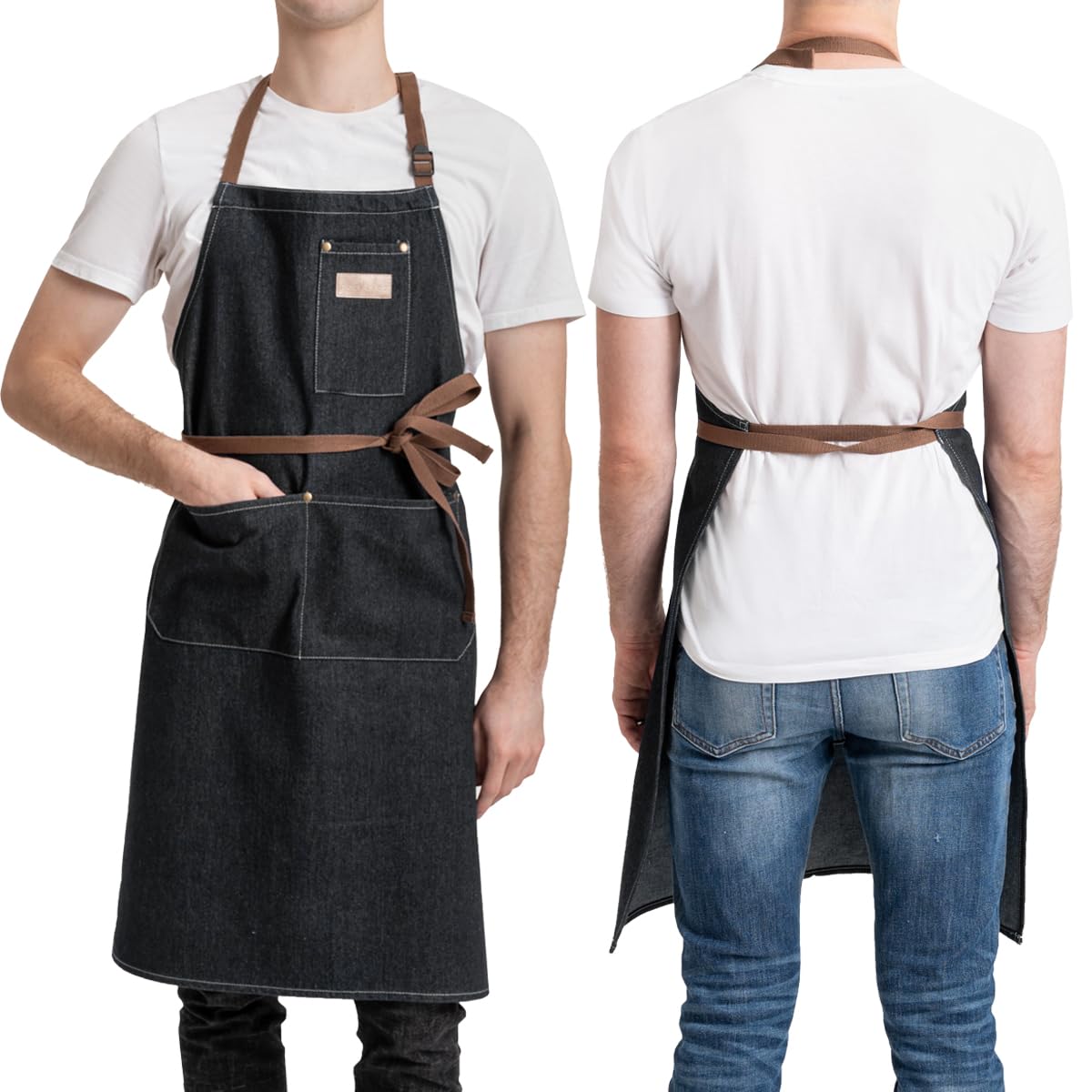 ROTANET Denim Work Apron with 3 Pockets Jean Shop Aprons for Chef Hairstylist Kitchen Woodworking for Men Women Black