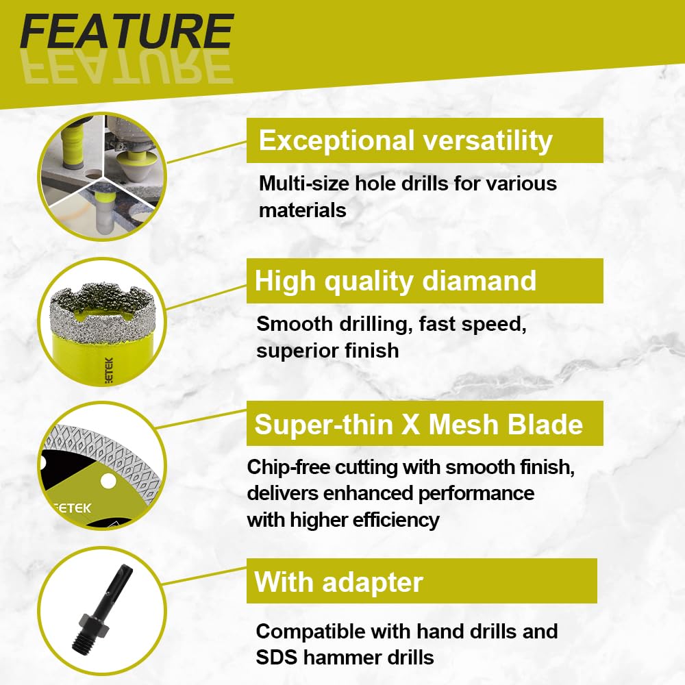 Tile Hole Saw Kit - Diamond Core Drill Bits Set SANLEETEK for Porcelain Tile Ceramic Marble 6/6/8/20/35/50/65MM+4/5'' Finger Bit+2" Chamfer Bit+2pcs 4.5" Saw Blade+SDS, 12pcs