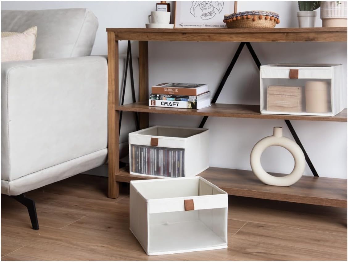 StorageWorks Storage Bins - Foldable Fabric Organizers with Clear Window & Handles | Beige, 3 Pack