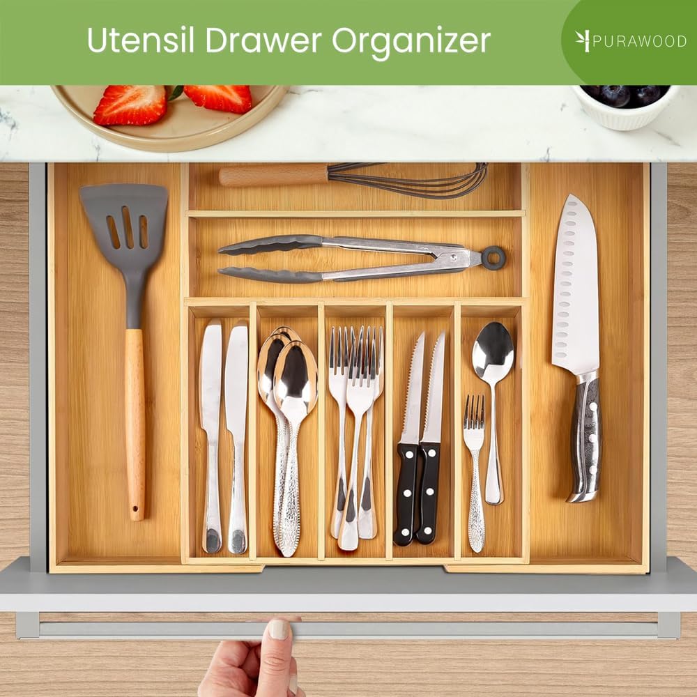 Purawood Bamboo Drawer Organizer - Expandable Cutlery Tray with Dividers | 7-9 Slot Kitchen Utensil Organizer (Natural)