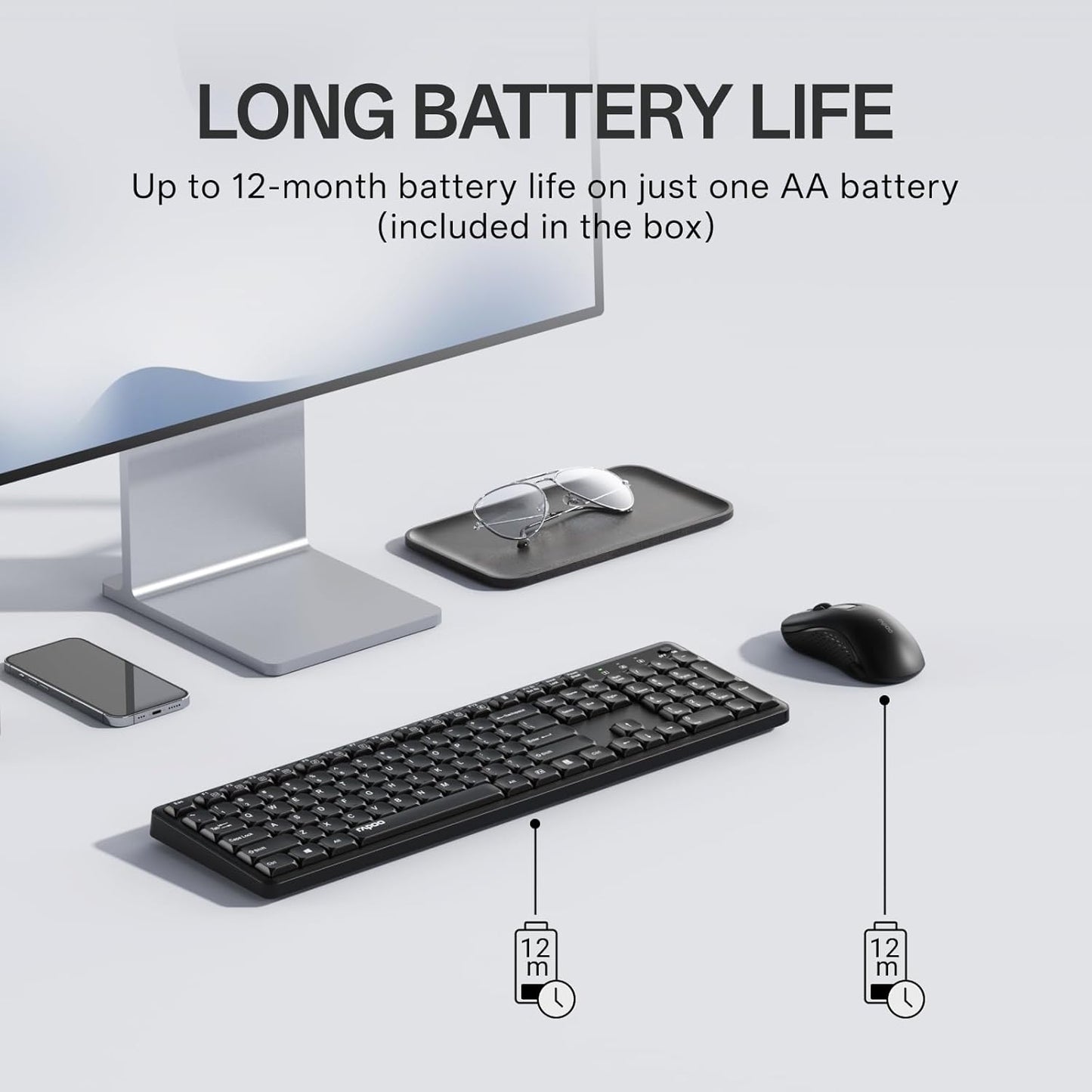 Rapoo X2100 2.4GHz 12 Quiet Wireless Keyboard and Mouse Combo, USB Receiver, Multimedia Keys, Spill-Proof, Full-Sized