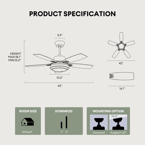 Ceiling Fans with Lights and Remote Control, 42 Inch Flush Mount Ceiling Fan with Quiet Reversible DC Motor, Dimmable LED Lighting, 6 Speeds, Timer, Nickel Ceiling Fan for Bedroom Living Room