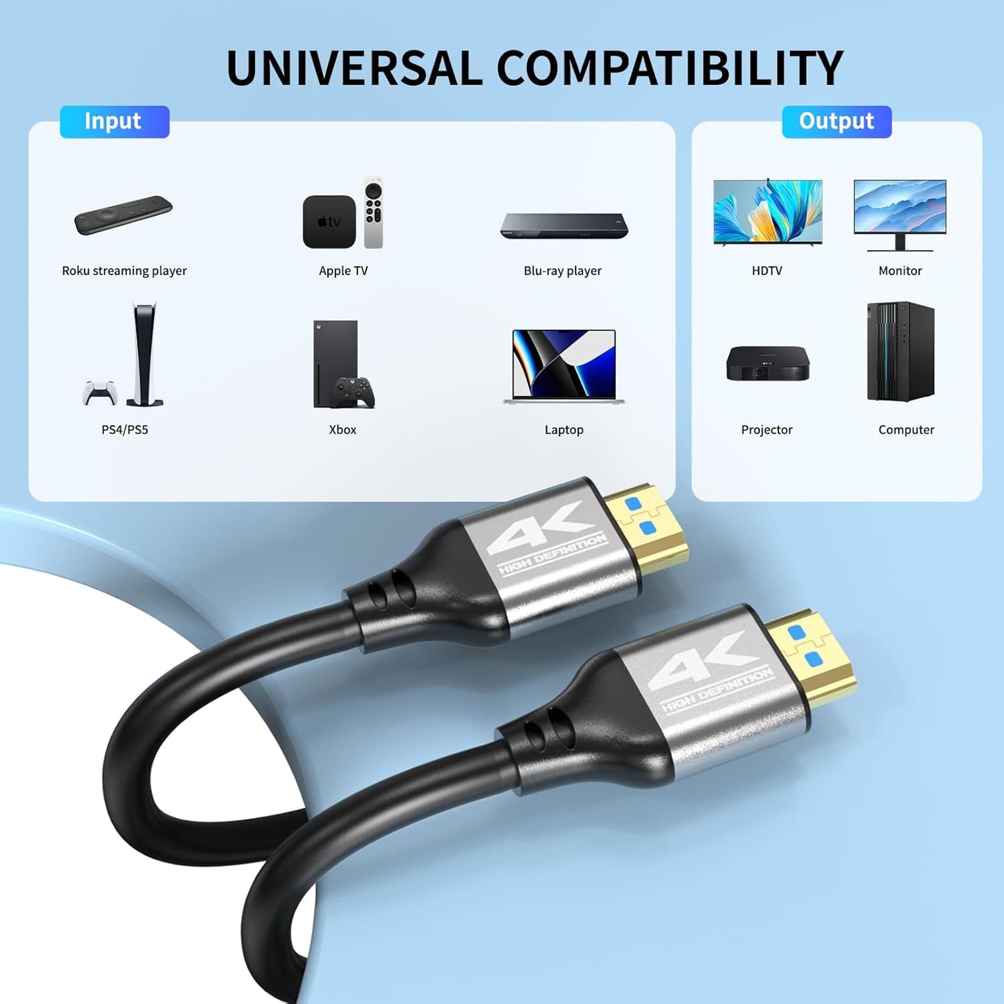 Zazalon 4k 50 2.0 4K@60Hz, 3D, PS4/5,Projector, HDMI Cable FT,High Speed HDMI Cord, Support ARC, HDR, Ethernet